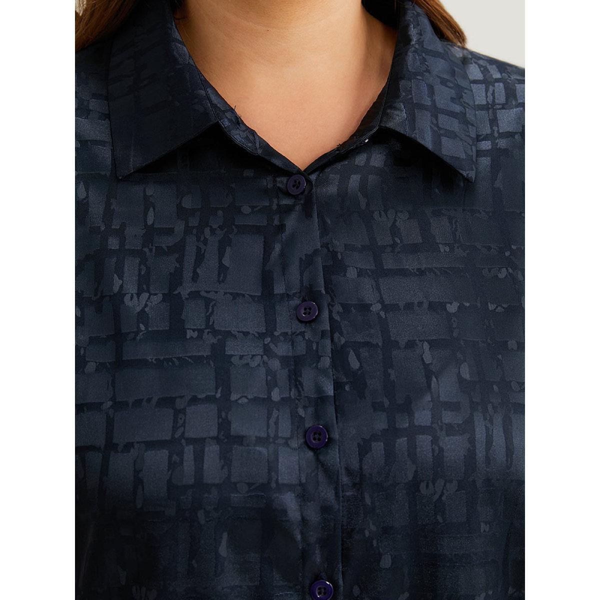 Plus Size Indigo Plisse Satin Button Up Curved Hem Blouse Women Office Long Sleeve Shirt collar Office Blouses BloomChic 30/6X Product Image