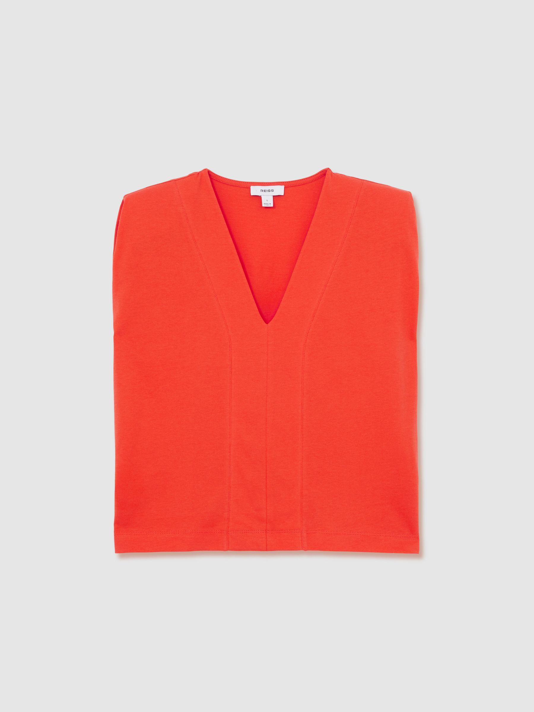 Cotton Shoulder-Pad V-Neck Top in Coral Product Image