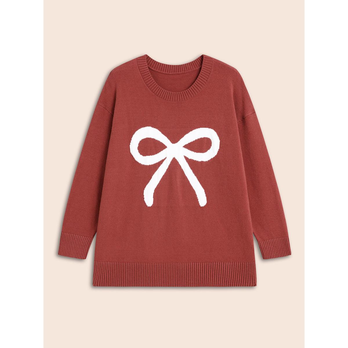 Plus Size Bowknot Jacquard Drop Shoulder Pullover DustyPink Women Casual Long Sleeve Round Neck Everyday Pullovers BloomChic 26/4X Product Image