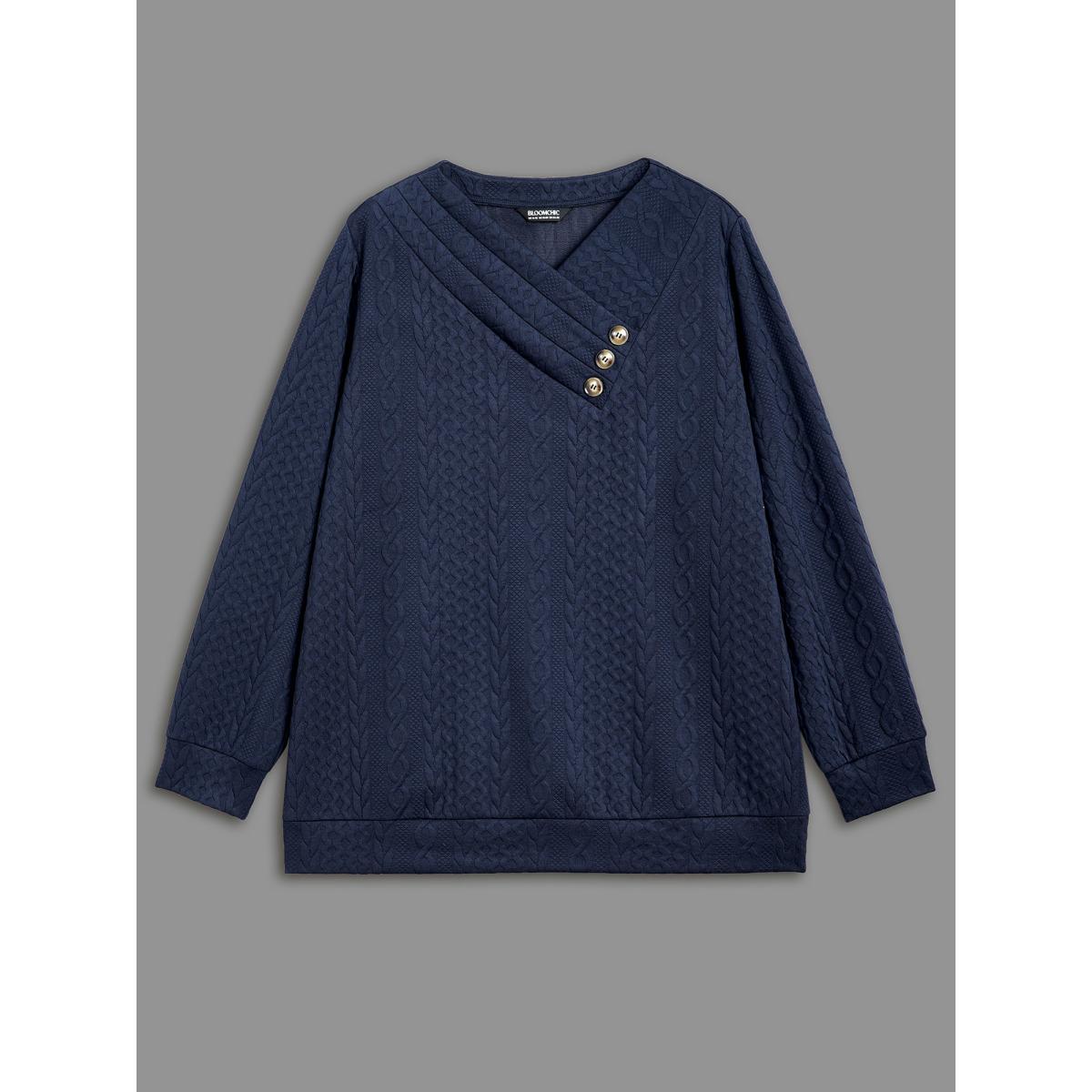 Plus Size Overlap Collar Textured Button Detail Sweatshirt Women Indigo Casual Texture Overlap Collar Everyday Sweatshirts BloomChic 28/5X Product Image