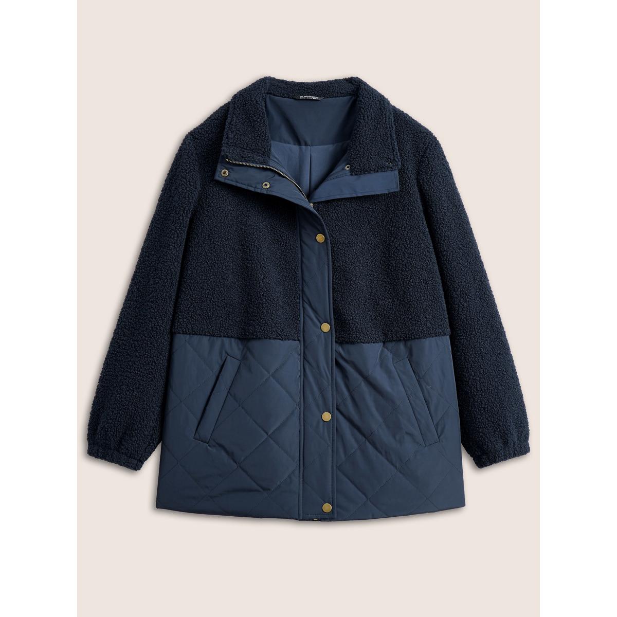 Plus Size Fluffy Patchwork Quilted Button Through Coat Women Indigo Casual Lined Ladies Everyday Winter Coats BloomChic 28/5X Product Image