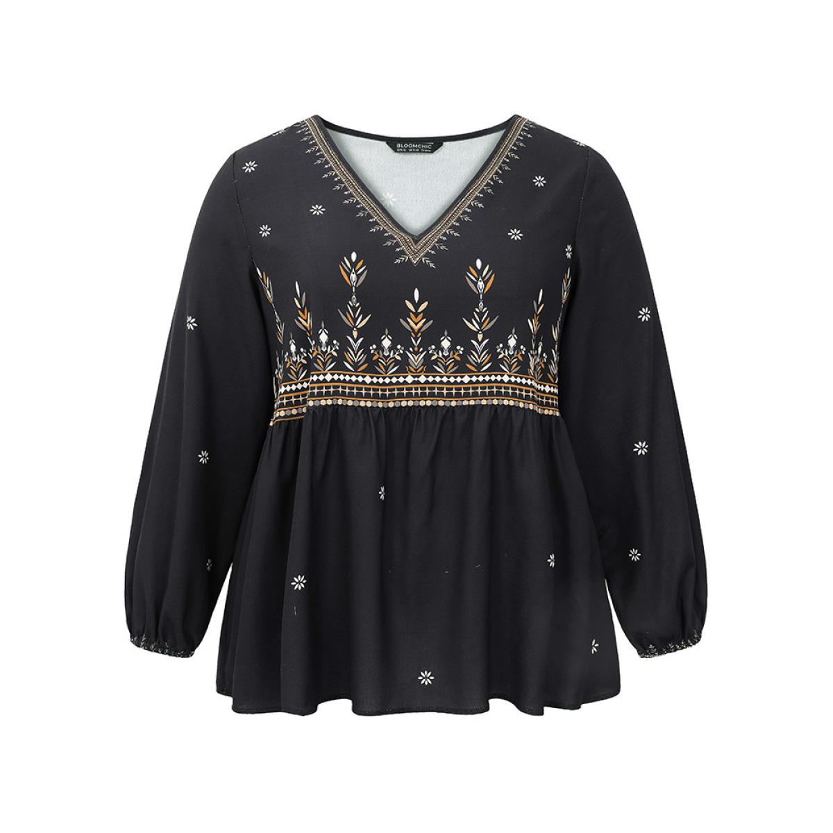 Plus Size Black Boho Print Lantern Sleeve Gathered Blouse Women Vacation Long Sleeve V-neck Vacation Blouses BloomChic 18-20/2X Product Image