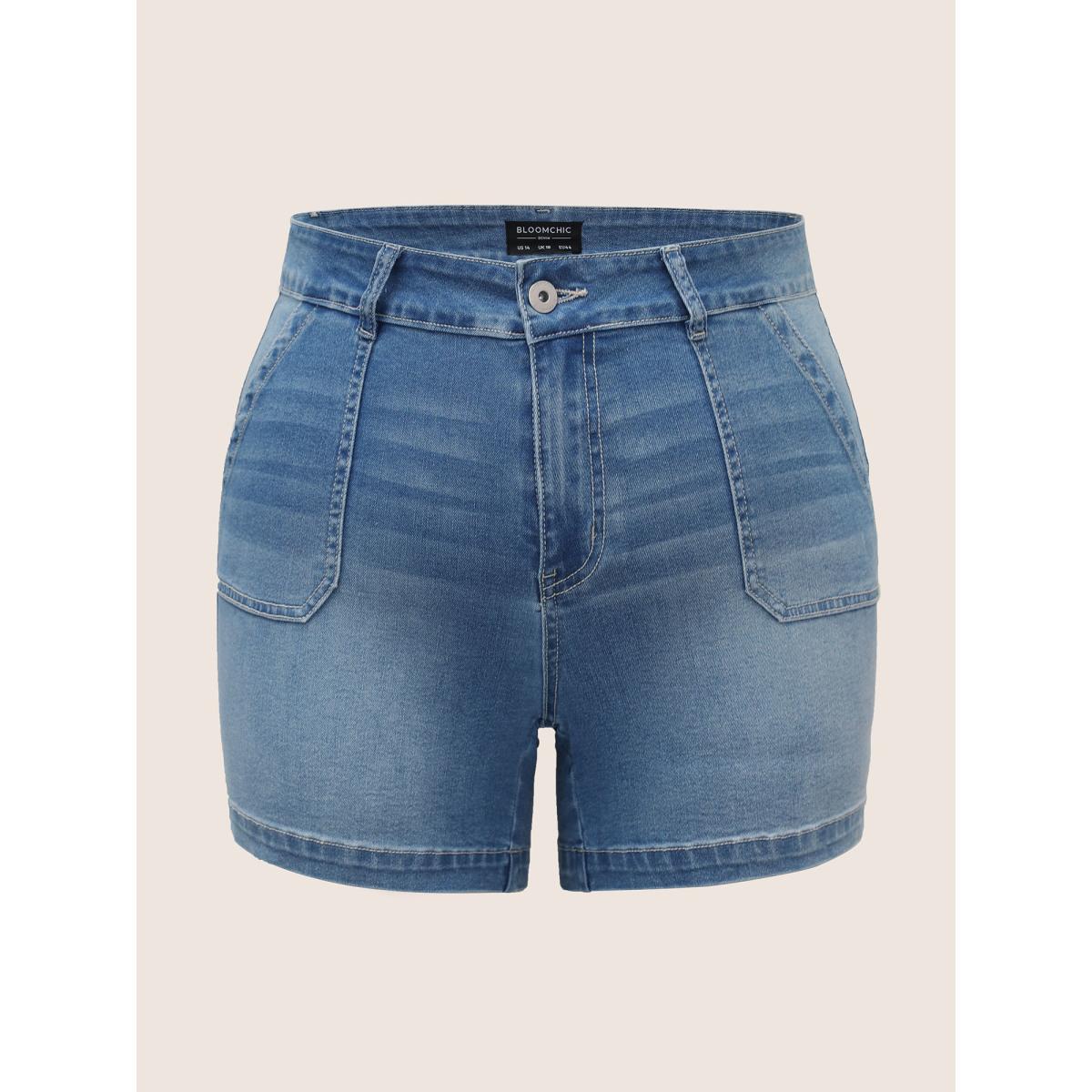 Plus Size Medium Wash High Stretch Denim Skinny Shorts Women Blue Button High stretch Everyday Pocket Casual Denim Shorts BloomChic 24/3X Product Image