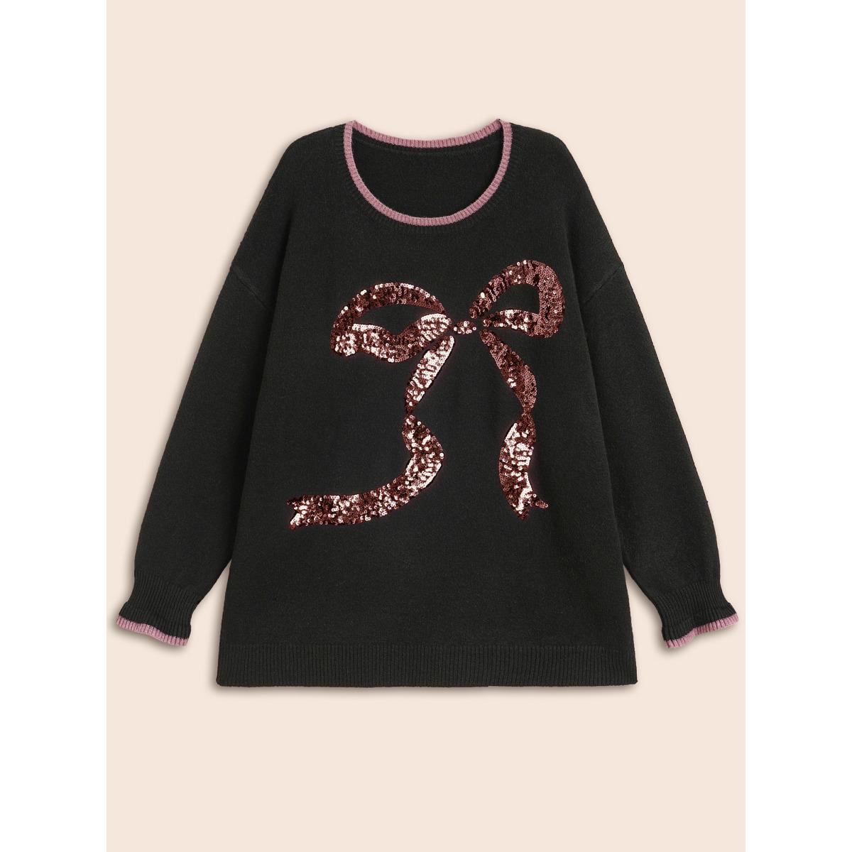 Plus Size Supersoft Essentials Sequin Embroidery Bow Detail Pullover Black Women Casual Loose Long Sleeve Round Neck Everyday Pullovers BloomChic 14-16/1X Product Image