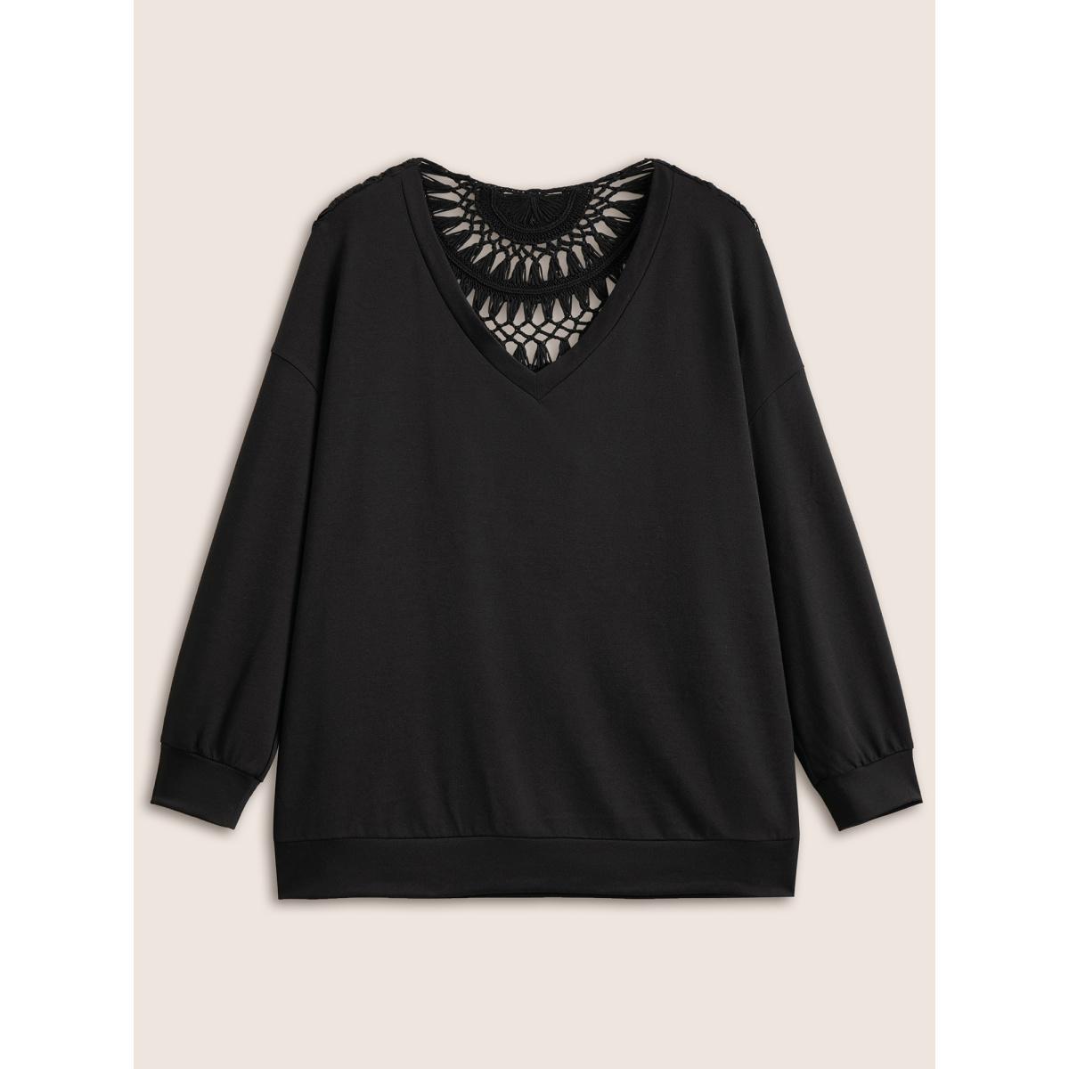 Plus Size Solid V Neck Cut Out Back Sweatshirt Women Black Elegant Non V-neck Everyday Sweatshirts BloomChic 10/M Product Image