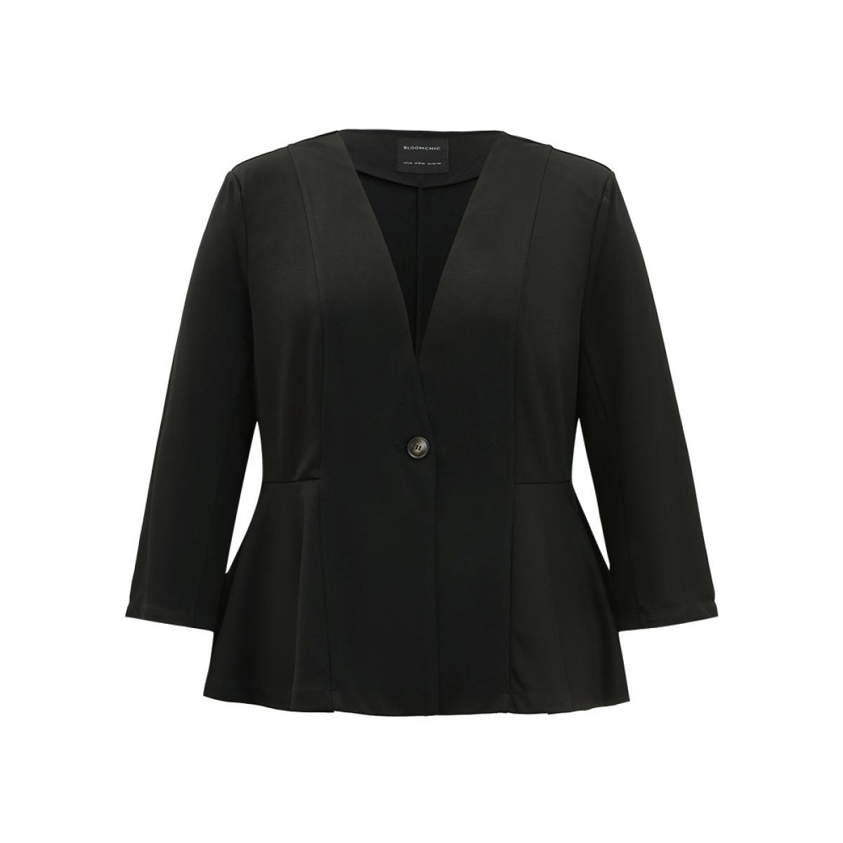 Plus Size Plain Button Up Ruffle Hem Blazer Green Women Dailywear Plain Plain Sleeve Long Sleeve V-neck 26/4X Casual Blazers BloomChic Product Image