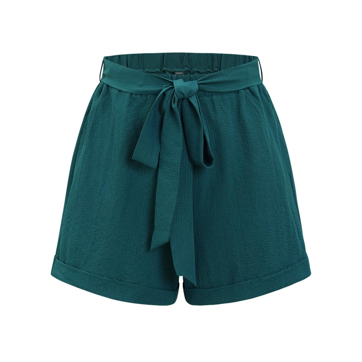 Plus Size Plain Belted Pocket Roll Hem Shorts Women DarkGreen Office Plain Office Shorts BloomChic 28/5X Product Image