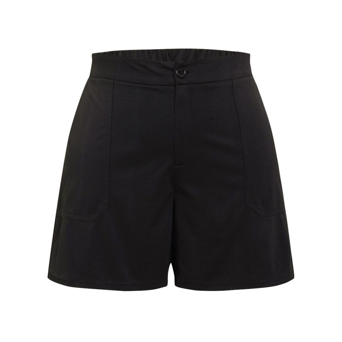 Plus Size Plain High Waist Slant Pocket Shorts Women Black Elegant Plain Dailywear Shorts BloomChic 12/L Product Image