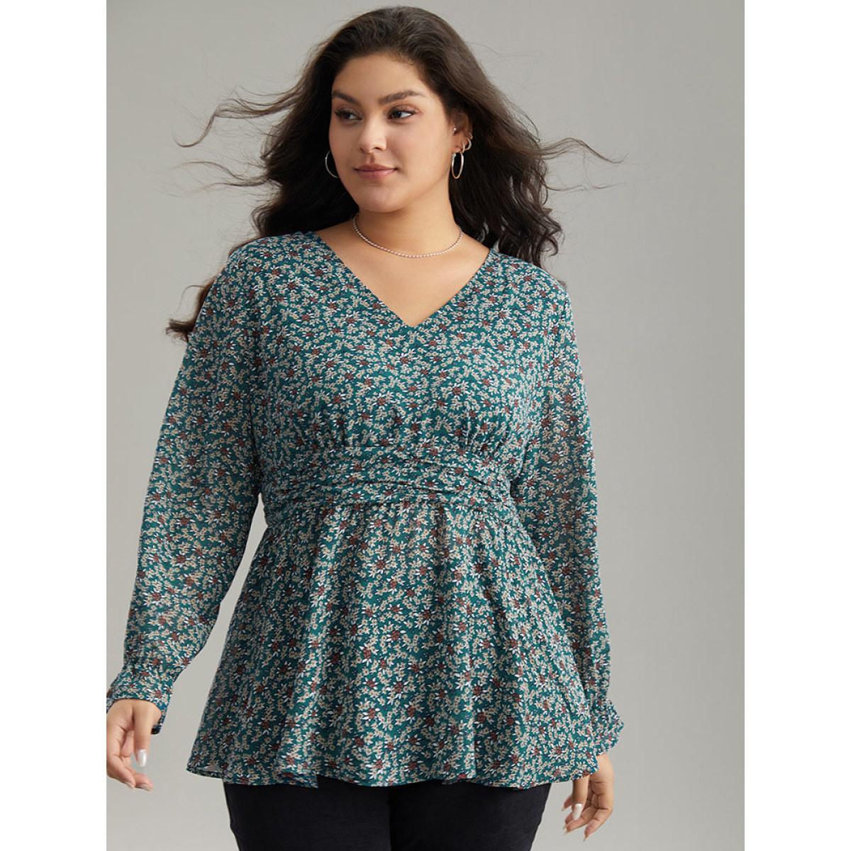 Plus Size DarkGreen Chiffon Ditsy Floral Elastic Waist Ruffle Hem Blouse Women Elegant Long Sleeve V-neck Everyday Blouses BloomChic 28/5X Product Image