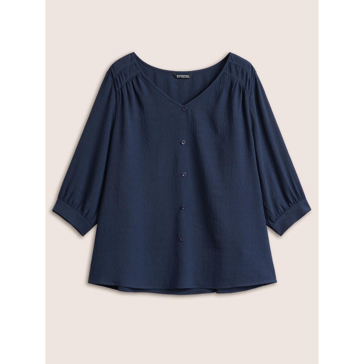 Plus Size Indigo Solid Button Detail Gathered Lantern Sleeve Blouse Women Work From Home Elbow-length sleeve V-neck Work Blouses BloomChic 12/L Product Image
