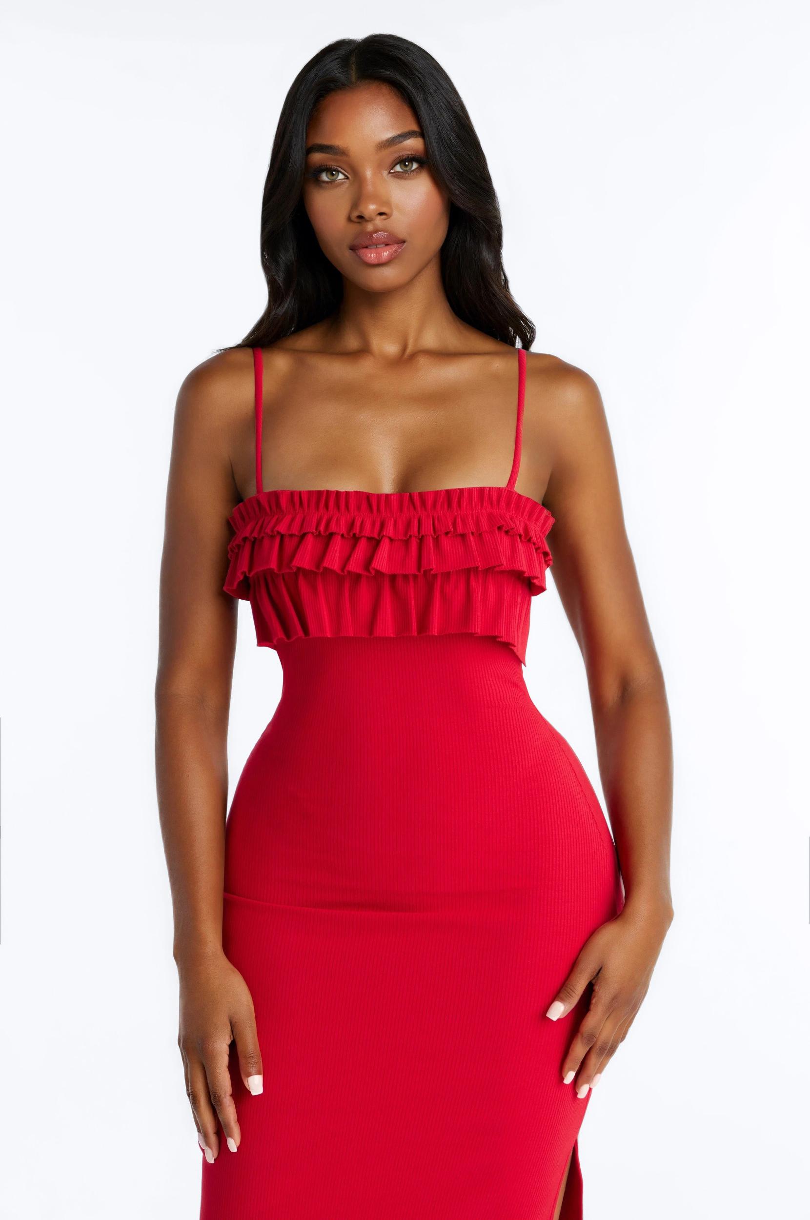 Paloma Ruffle Ribbed Midi Dress - Red Female Product Image