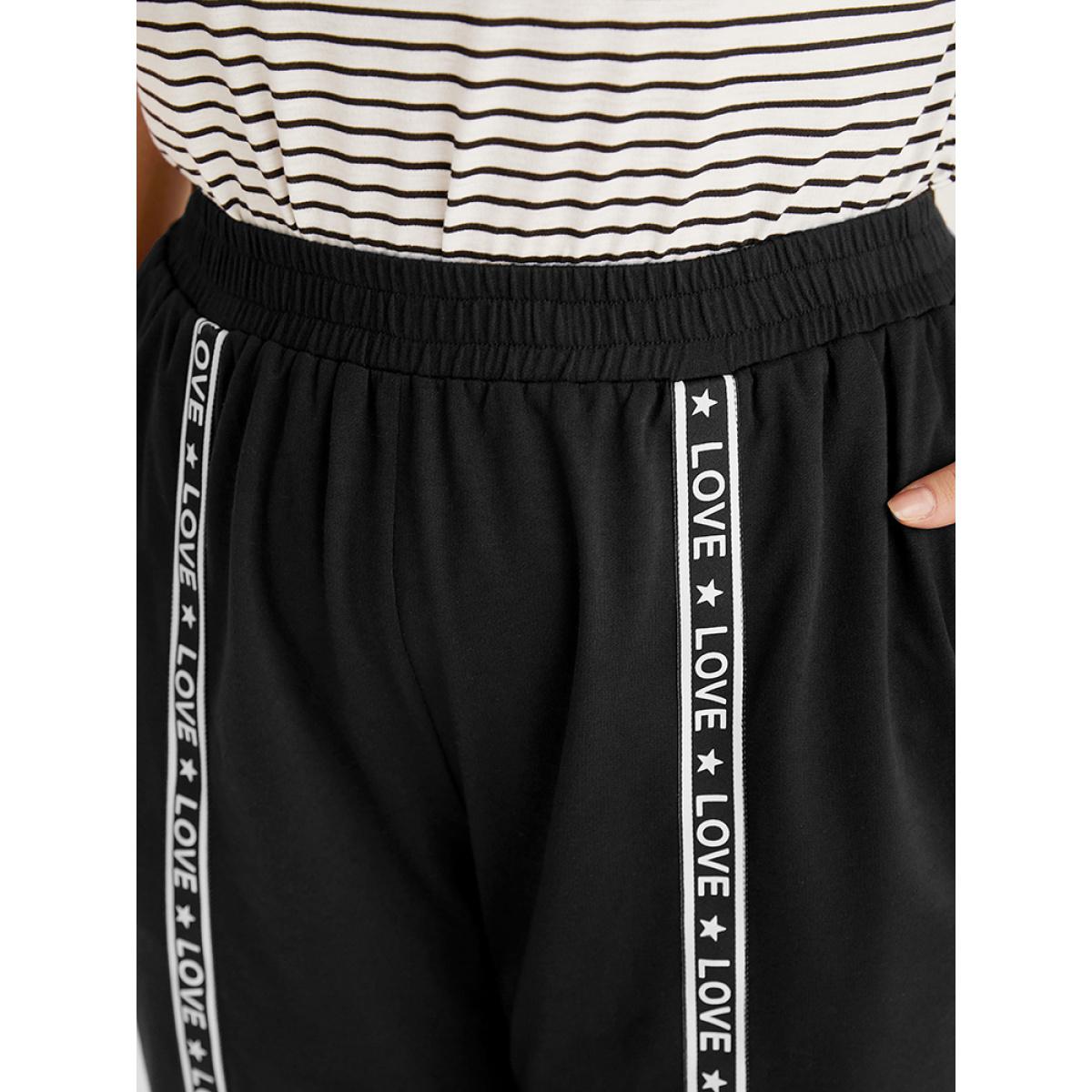 Plain Pocket Contrast Webbing Sweatpants Black Plus Size Women Casual Dailywear Plain 14-16/1X Bloomchic Product Image