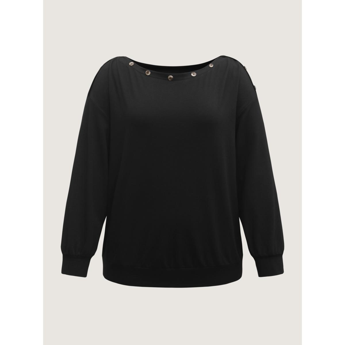 Plus Size Reversible Off-Shoulder Button Neck Sweatshirt Women Black Round Neck Casual Sweatshirts BloomChic 26/4X Product Image