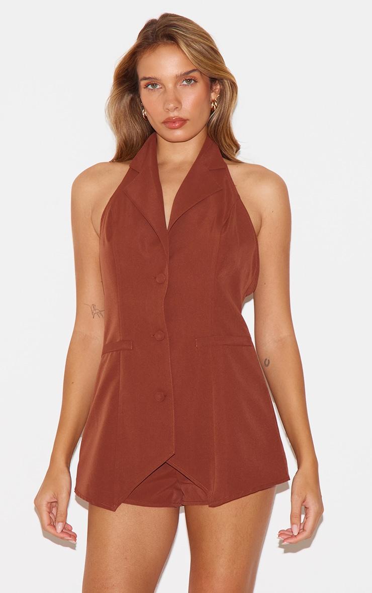 Chocolate Woven Plunge Vest Skort Romper Product Image