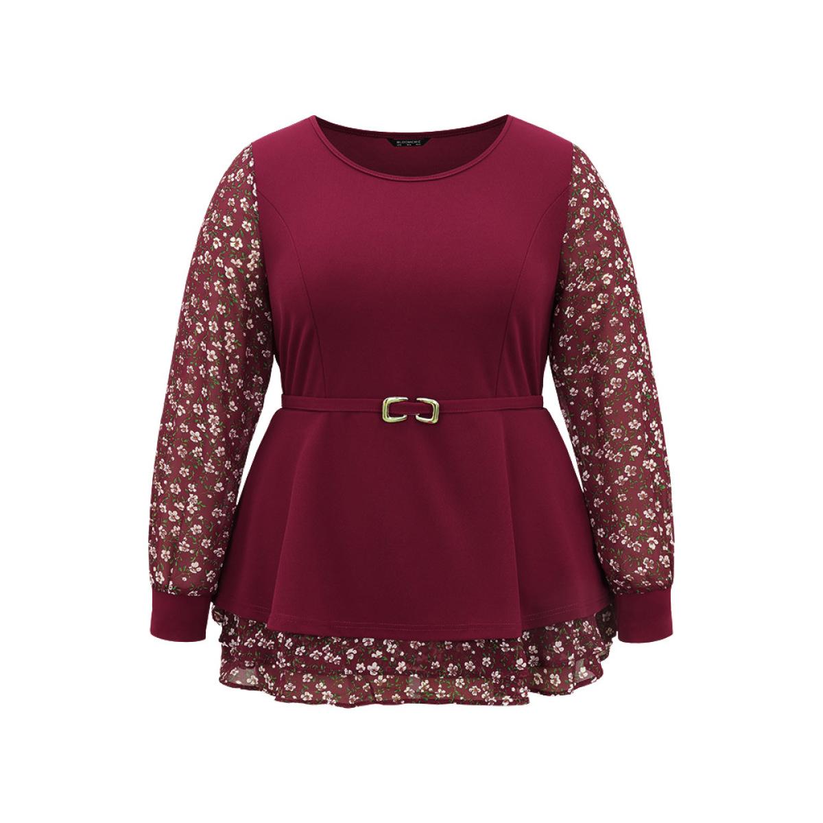Plus Size Scarlet Ditsy Floral Patchwork Layered Metal Buckle Detail Blouse Women Elegant Long Sleeve Round Neck Office Blouses BloomChic 26/4X Product Image