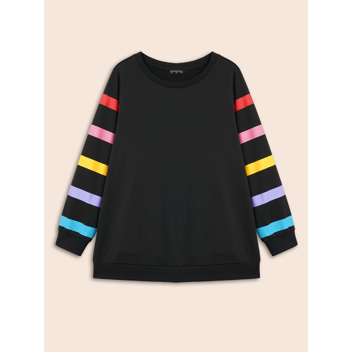 Plus Size Colored Striped Patchwork Slightly Stretchy Sweatshirt Women Black Casual Contrast Non Everyday Sweatshirts BloomChic 26/4X Product Image
