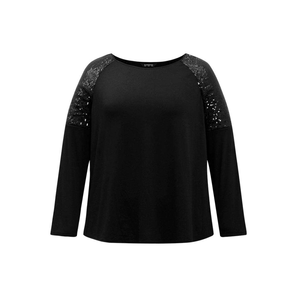 Plus Size Sequin Patchwork Raglan Sleeve T-shirt Black Women Elegant Sequin Galaxy Round Neck Dailywear T-shirts BloomChic 14-16/1X Product Image