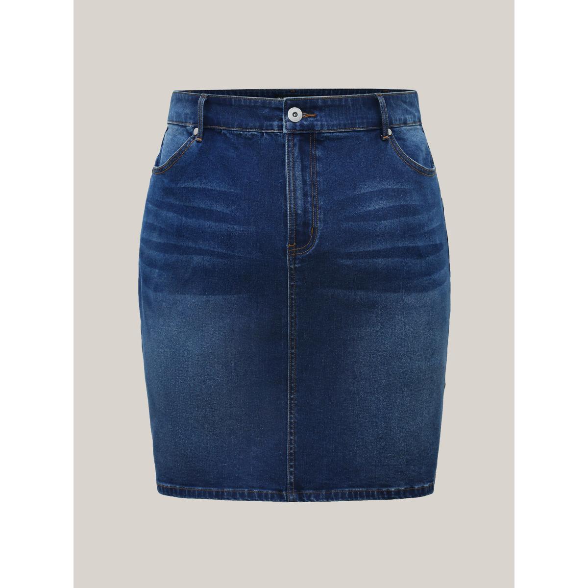 Plus Size Whiskered Classic Cut Fitted Denim Skirt Women Midblue Everyday-Casual Medium stretch Medium Wash 28/5X Slanted pocket Denim Skirts BloomChic Product Image