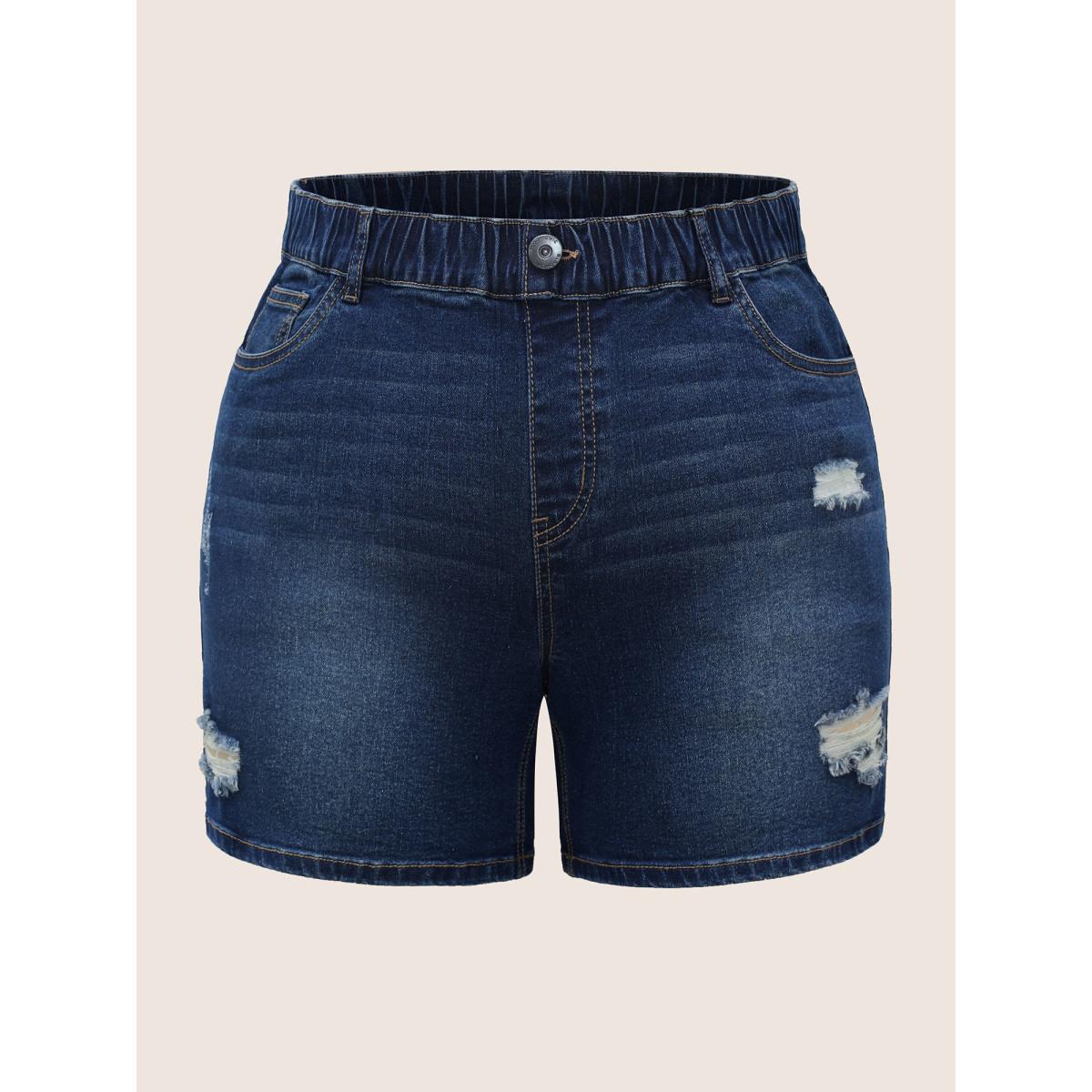 Plus Size Distressed Dark Wash High Stretch Denim Skinny Shorts Women Denimblue Distressed High stretch Everyday Slanted pocket Casual Denim Shorts BloomChic 24/3X Product Image