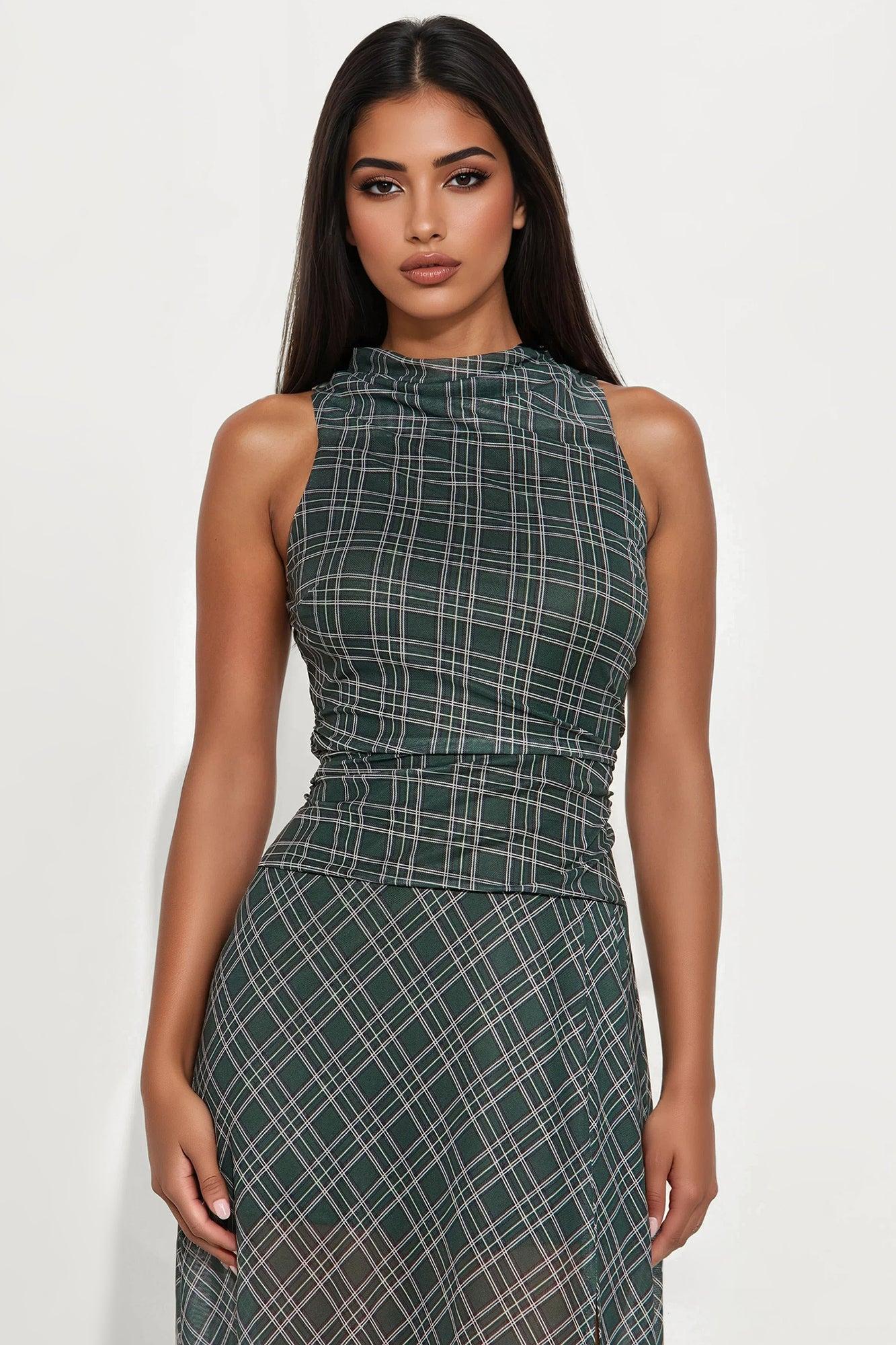 Hailie Plaid Mesh Maxi Dress - Green/combo Female Product Image