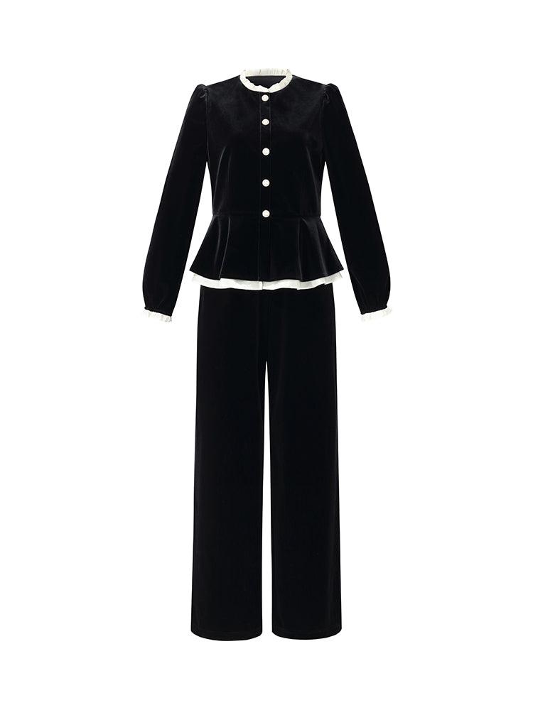 Velvet Ruffle Hem Jacket And Pants Two-Piece Set Product Image