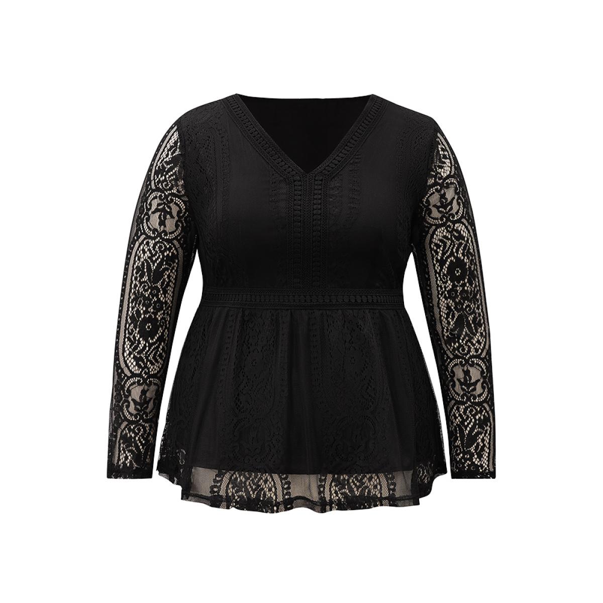 Plus Size Black Solid Guipure Lace Mesh Elastic Waist Blouse Women Elegant Long Sleeve V-neck Party Blouses BloomChic 30/6X Product Image