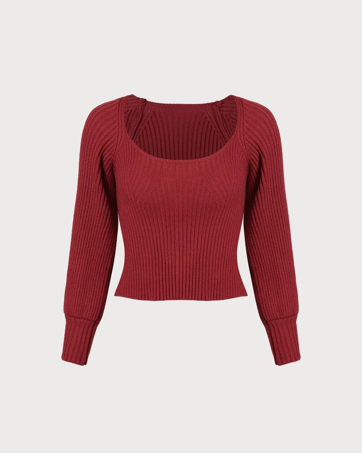 The Red Scoop Neck Lantern Sleeve Sweater Product Image