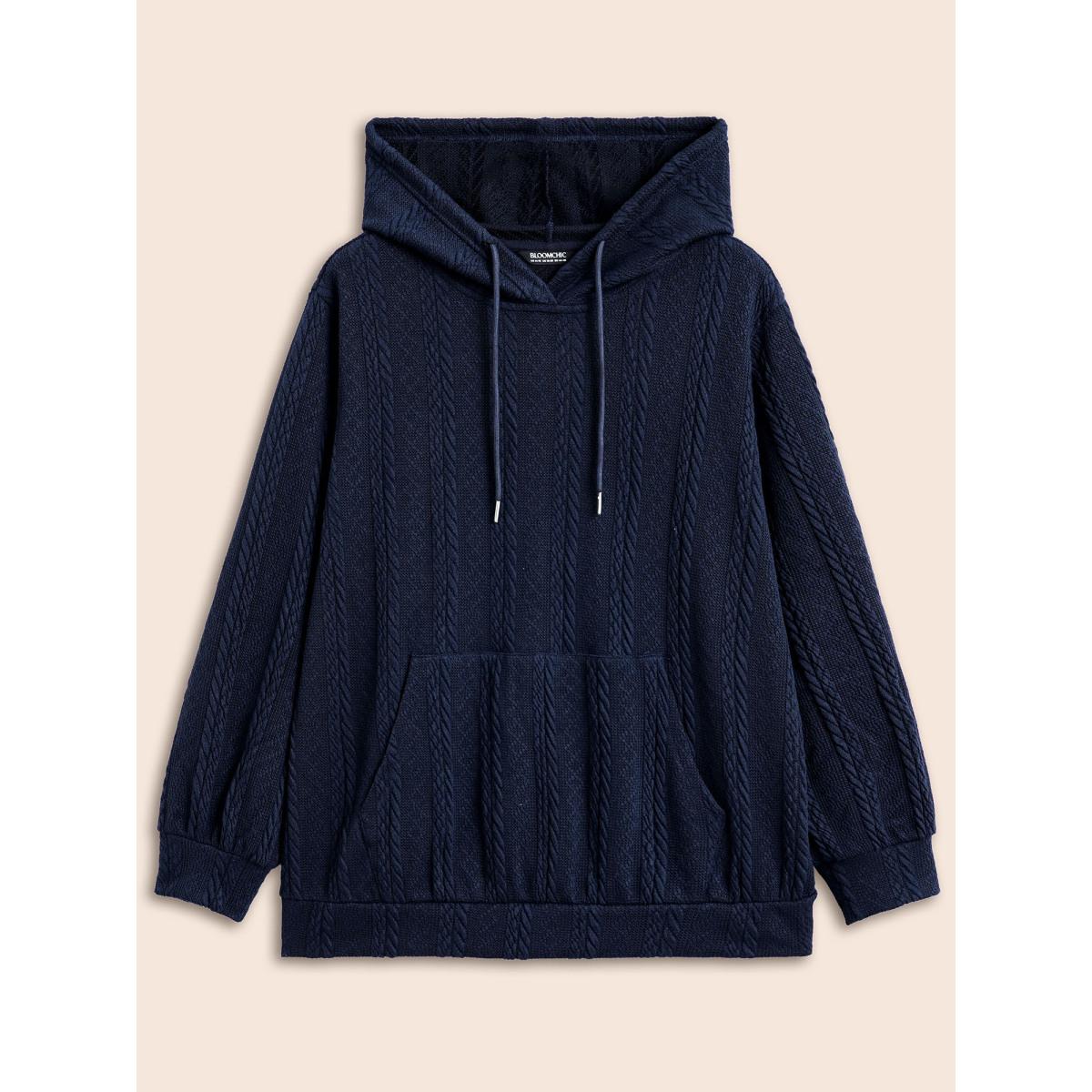 Plus Size Solid Cable Knit Hooded Drawstring Sweatshirt Women DarkBlue Casual Texture Hooded Everyday Sweatshirts BloomChic 10/M Product Image