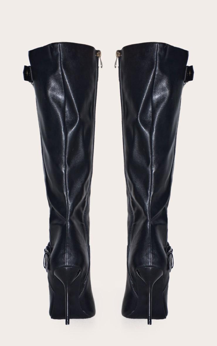 Black PU Knee High Point Toe Buckle High Stiletto Knee High Boots Product Image