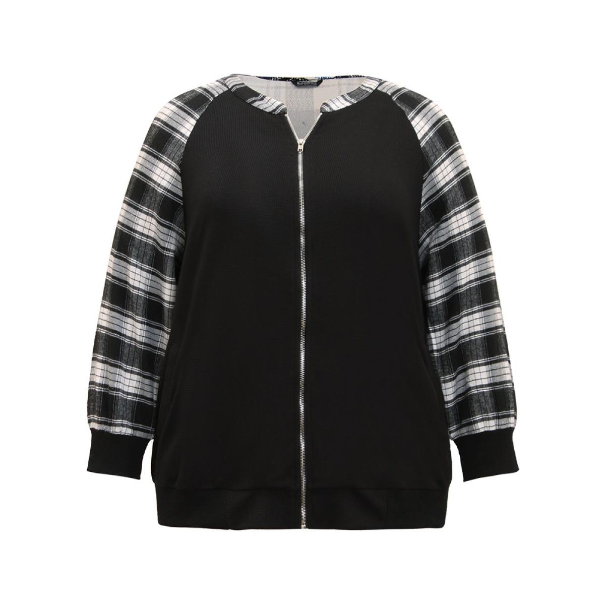 Plus Size Plaid Patchwork Pocket Zipper Fly Jacket Women Black Elastic cuffs Pocket Dailywear Jackets BloomChic 14-16/1X Product Image
