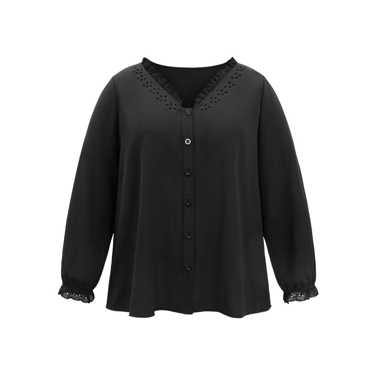 Plus Size Black Guipure Lace Laser Cut Patchwork Lantern Sleeve Blouse Women Elegant Long Sleeve V-neck Everyday Blouses BloomChic 22-24/3X Product Image