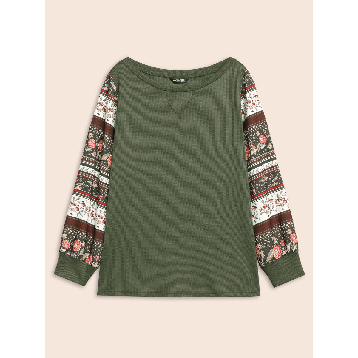 Plus Size Boho Print Patchwork Crew Neck Sweatshirt Women ArmyGreen Casual Elastic cuffs Round Neck Everyday Sweatshirts BloomChic 28/5X Product Image