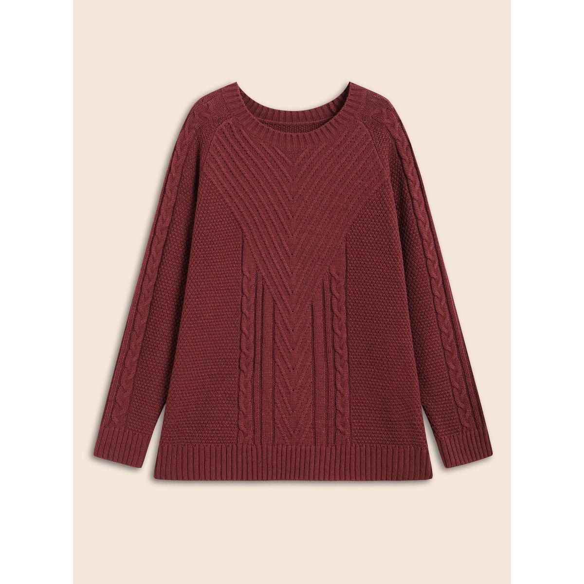 Plus Size Texture Cable Knit Raglan Sleeve Pullover Scarlet Women Casual Loose Long Sleeve Round Neck Everyday Pullovers BloomChic 12/L Product Image