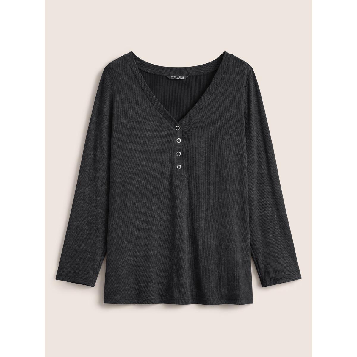 Plus Size Vintage Textured Button Up T-shirt Black Women Casual Texture Plain V-neck Everyday T-shirts BloomChic 12/L Product Image