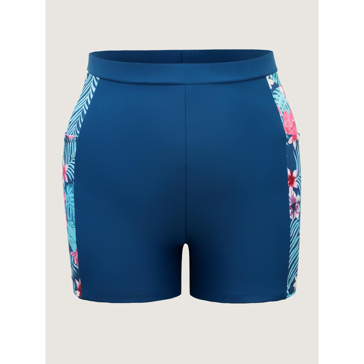 Plus Size Tropical Print Side Pockets Contrast Swim Bottoms Women's Swimwear Cyan Resort High stretch Skinny High Rise Side seam pocket Curve Swim Bottoms BloomChic 28/5X Product Image