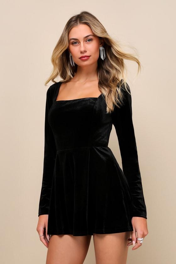 Feeling Cheery Black Velvet Long Sleeve Tie-Back Romper Product Image