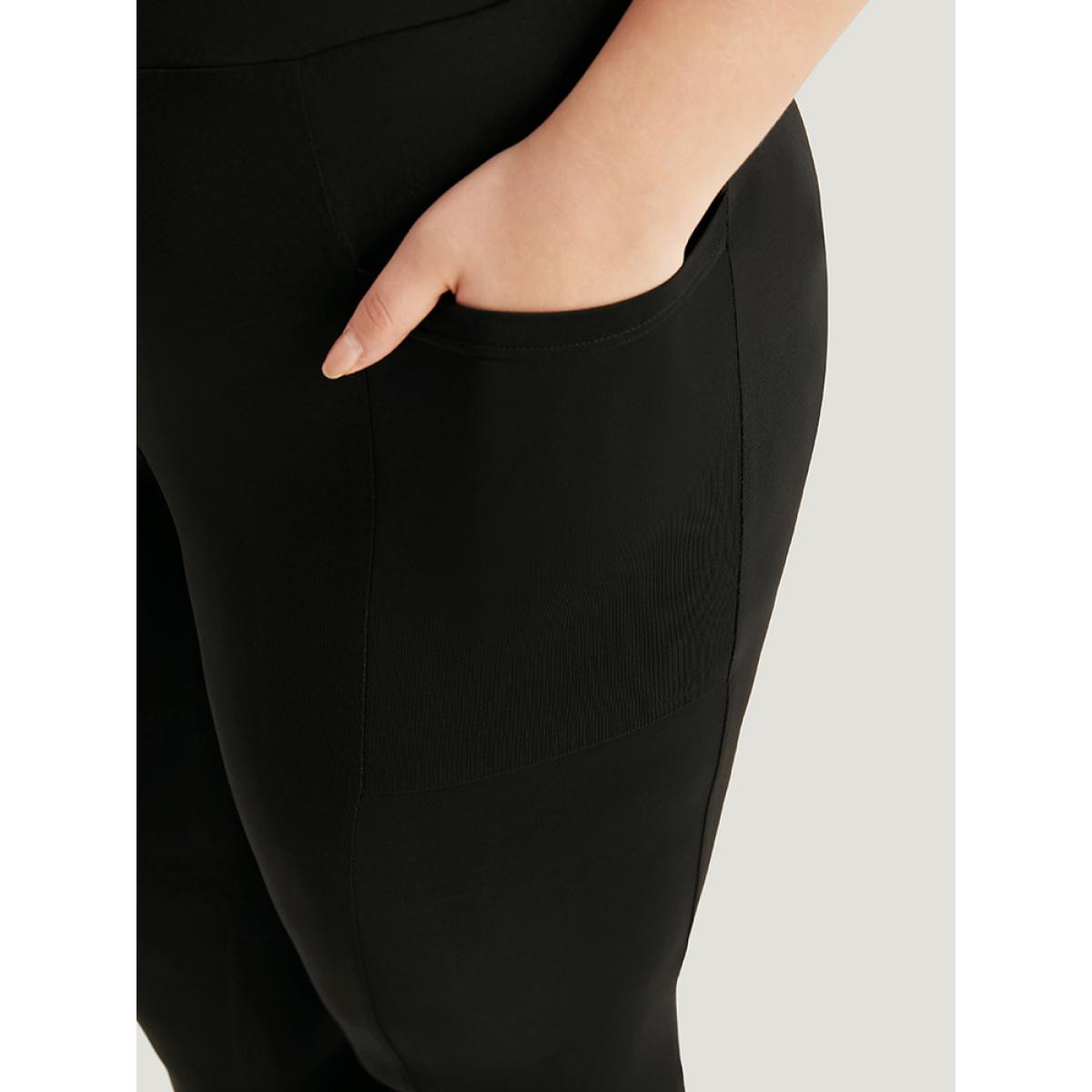 Plus Size Plain Pocket Wideband Waist Floral Print Leggings Women Black Elegant High stretch Skinny High Rise Dailywear Leggings BloomChic 14-16/1X Product Image