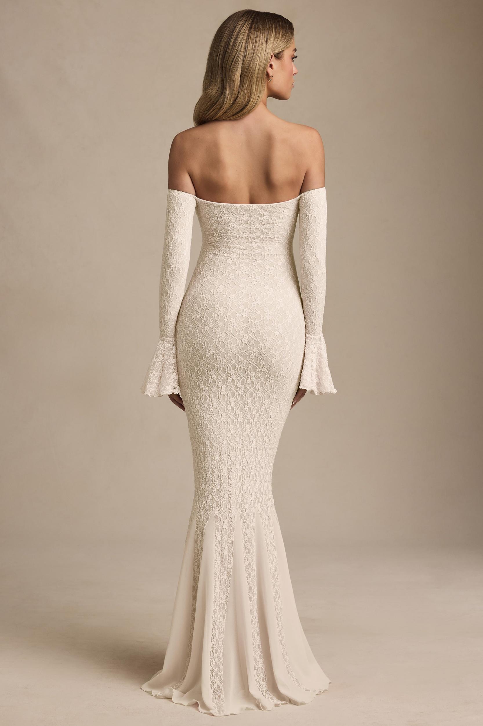 Off-Shoulder Ruffle Lace Maxi Dress in Ivory Product Image