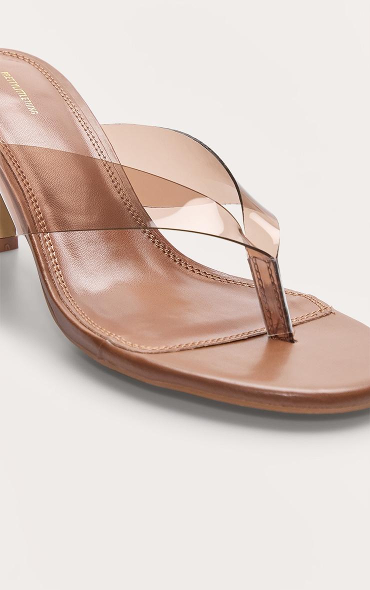 Brown Pu Round Toe Thong Perspex Straps Mid Heeled Mules Product Image