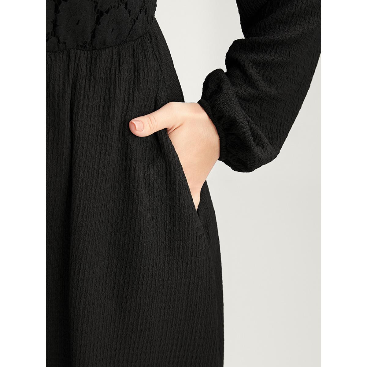 Plus Size Solid Pocket Textured Lantern Sleeve Contrast Lace Midi Dress Black Women Elegant Patchwork V-neck Long Sleeve Curvy Midi Dress BloomChic 30/6X Product Image