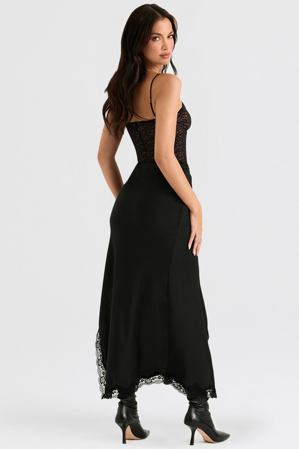 Ruby  black satin lace trim midi skirt Product Image