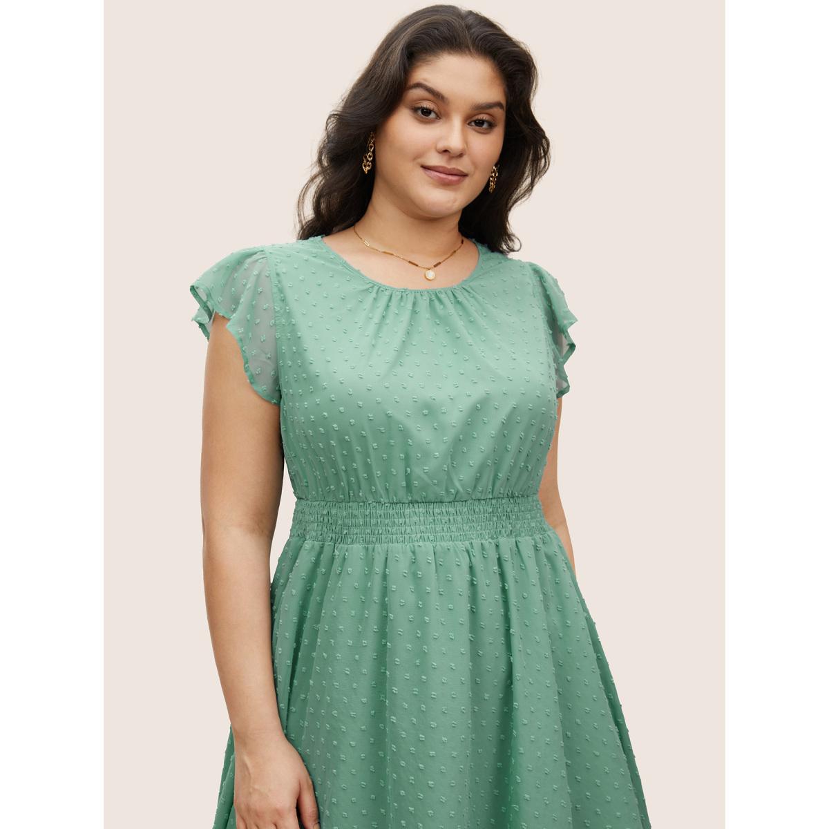 Plus Size Textured Shirred Ruffle Cap Sleeve Dress Aquamarine Women Elegant Texture Round Neck Cap Sleeve Curvy Midi Dress BloomChic 14-16/1X Product Image