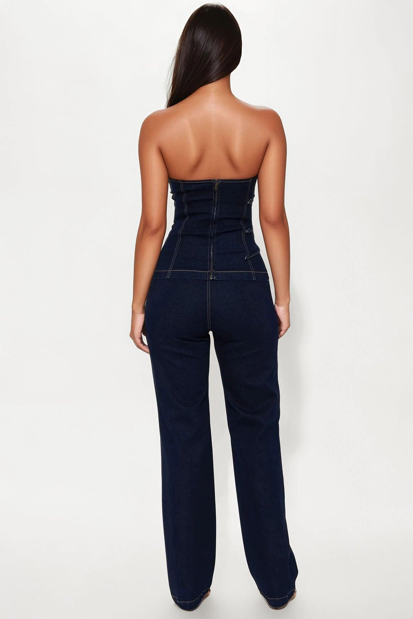 Belt It Down Strapless Denim Pant Set - Dark Wash Product Image