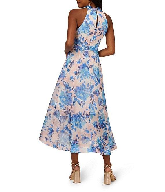 Adrianna Papell Halter Neckline Sleeveless Floral Organza Ruffle Hi Lo Midi Dress Product Image