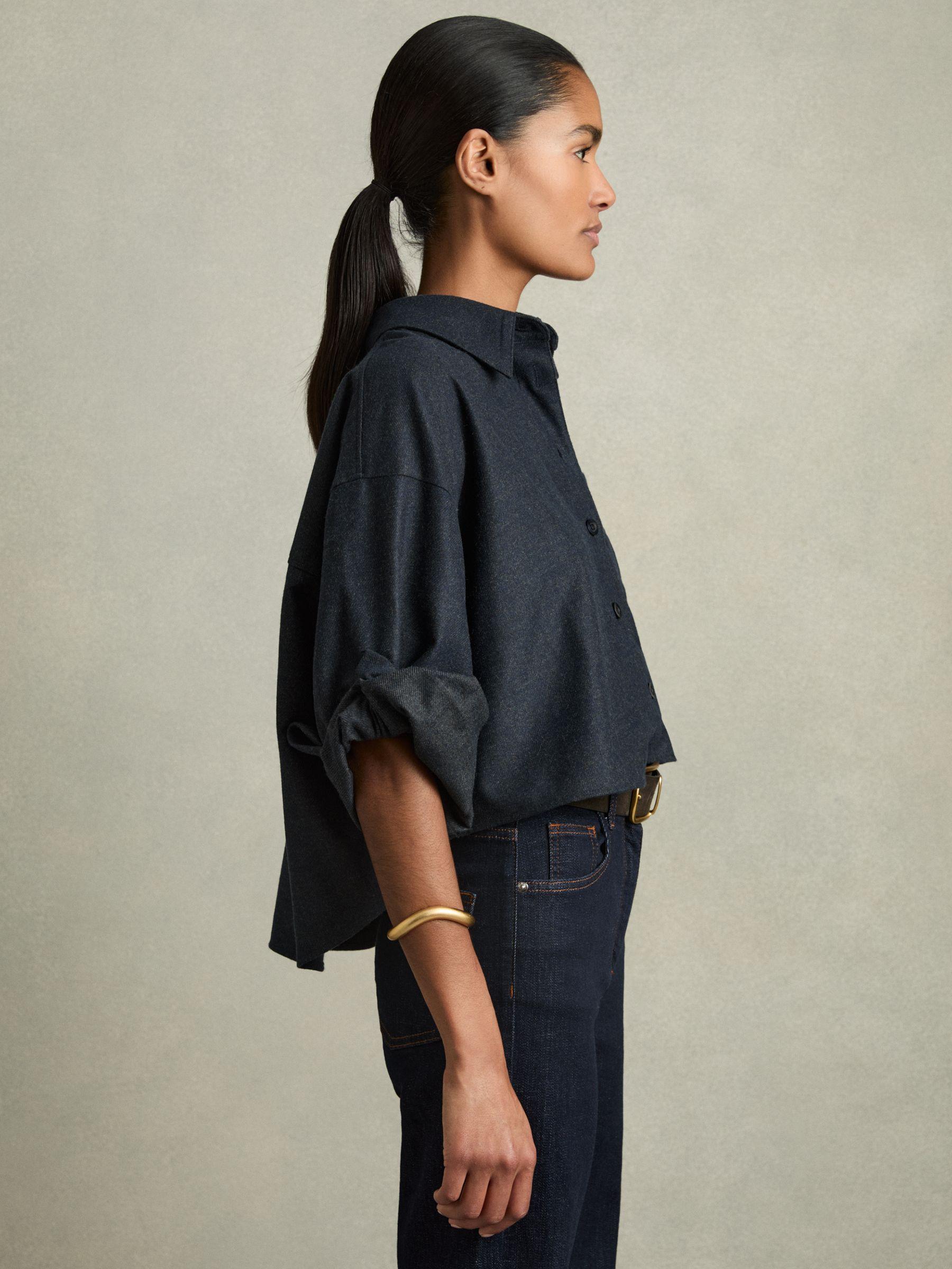 Cropped Flannel Shirt in Navy Product Image