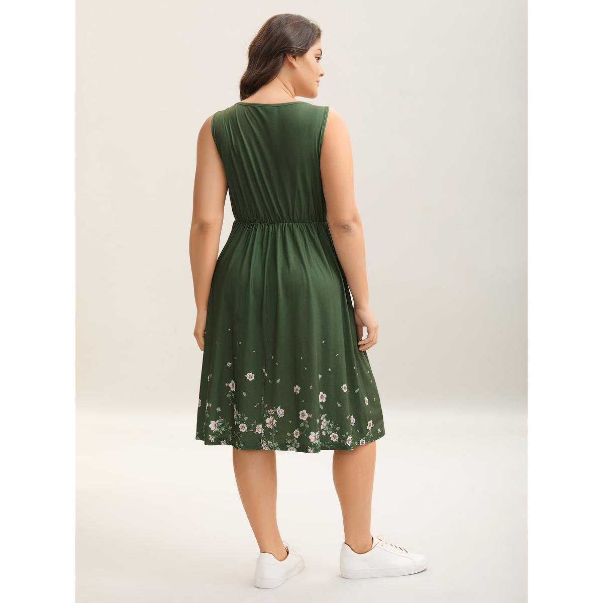 Plus Size Floral Hem Print Cinched-Waist Midi Dress Moss Women Round Neck Sleeveless Curvy BloomChic 10/M Product Image