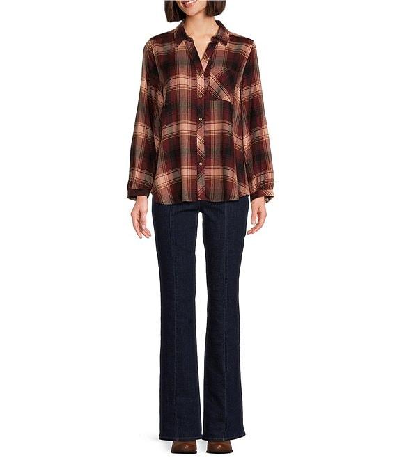 Westbound Ombre Plaid Print Long Sleeve Y-Neck Button Front Collared Top Product Image