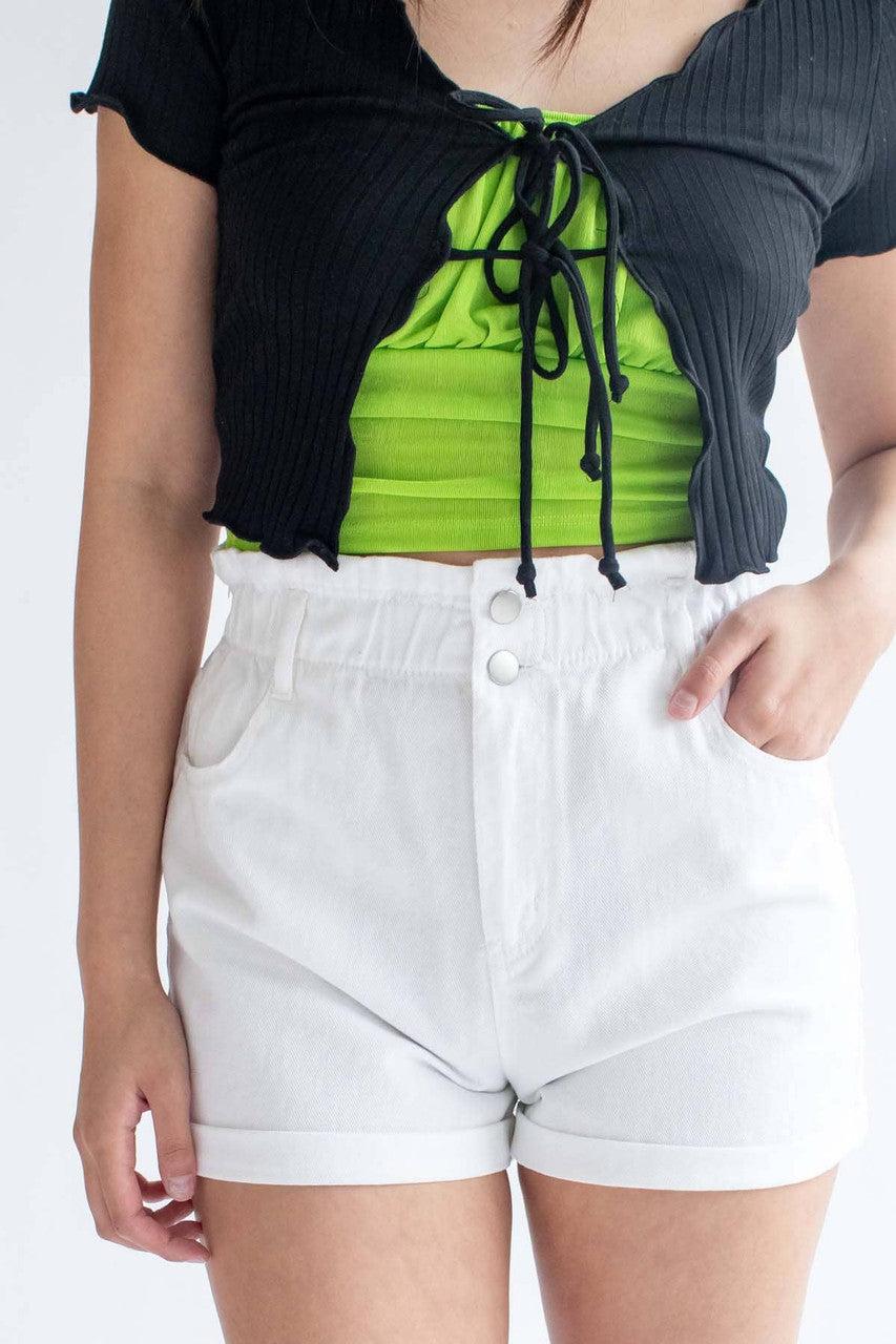 White Cuffed Paper Bag Waist Denim Shorts Product Image