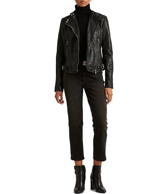 Lauren Ralph Lauren Lambskin Leather Long Sleeve Moto Statement Jacket Product Image