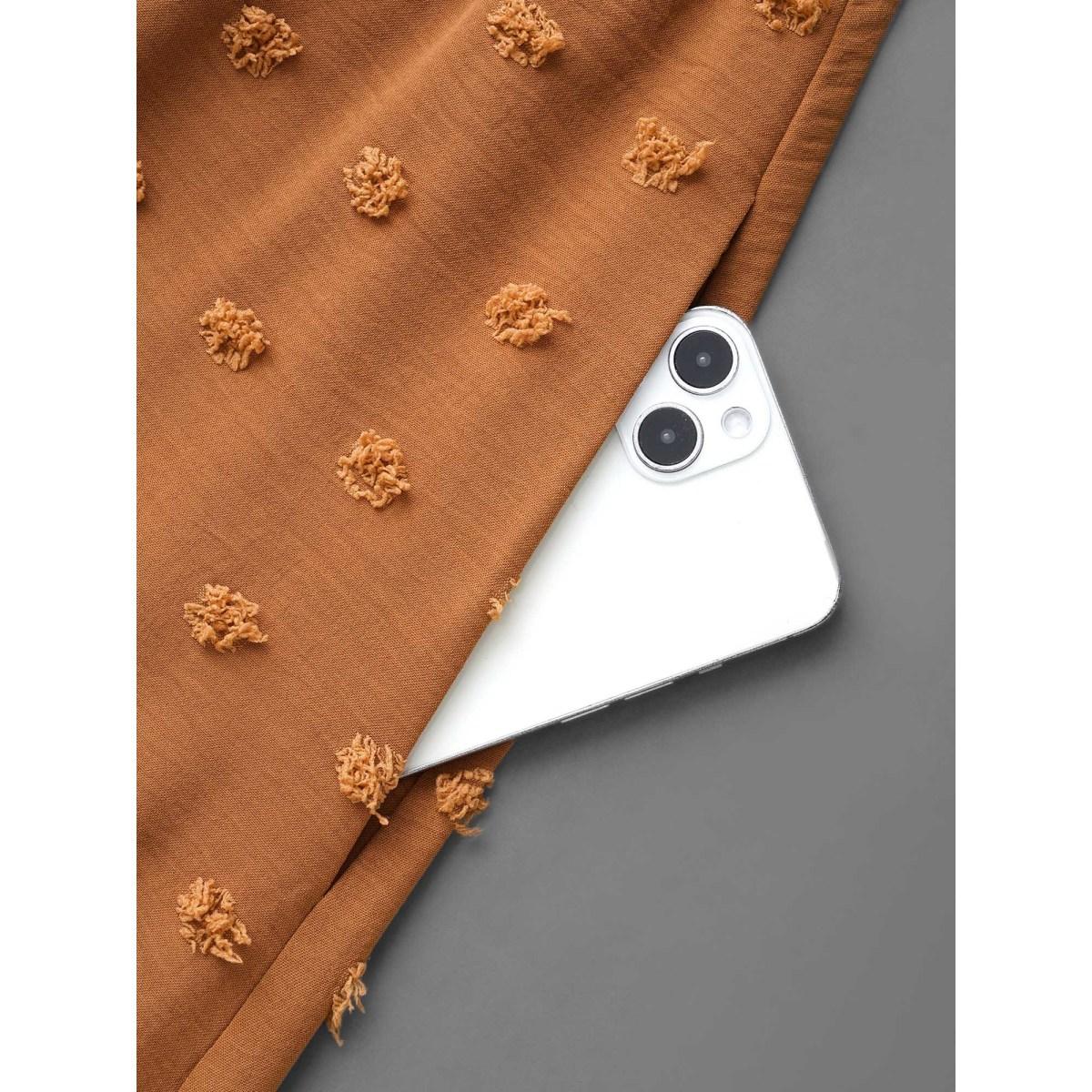 Plus Size Plain Textured Crew Neck Midi Dress Yellowishbrown Women Resort Texture Round Neck Long Sleeve Curvy BloomChic 22-24/3X Product Image